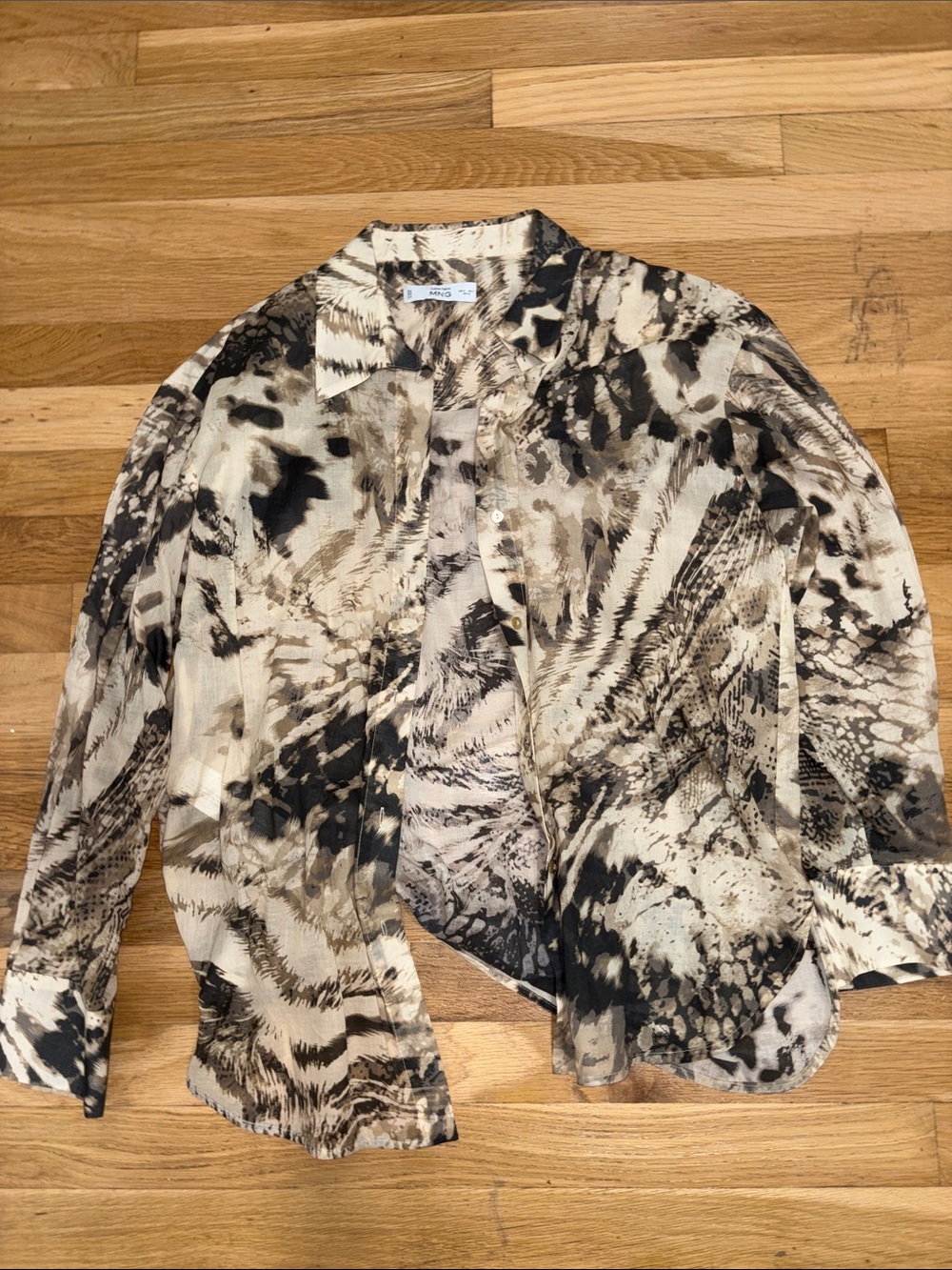 Animal Print Button-Up Blouse in Black, Cream & Tan
